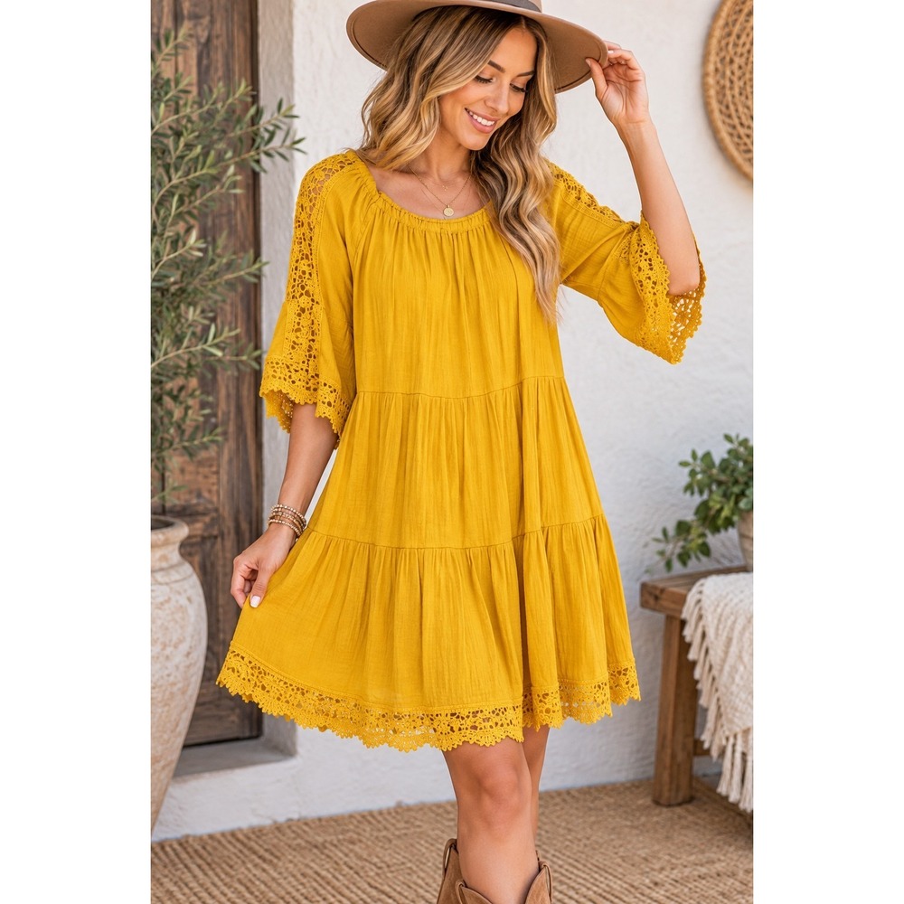 Indigo Rose Women's L Mustard Yellow Boho Tiered Dress Crochet Lace Cottagecore